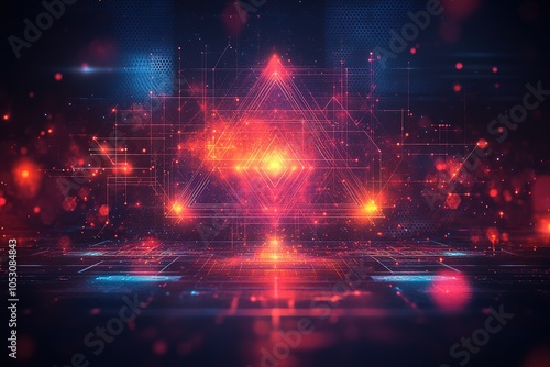 Abstract futuristic background with glowing red and blue lights and geometric shapes.