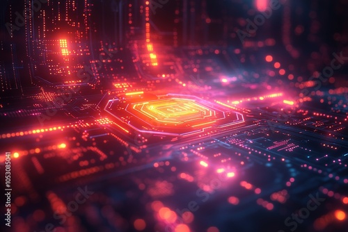 Abstract futuristic circuit board with glowing lights.