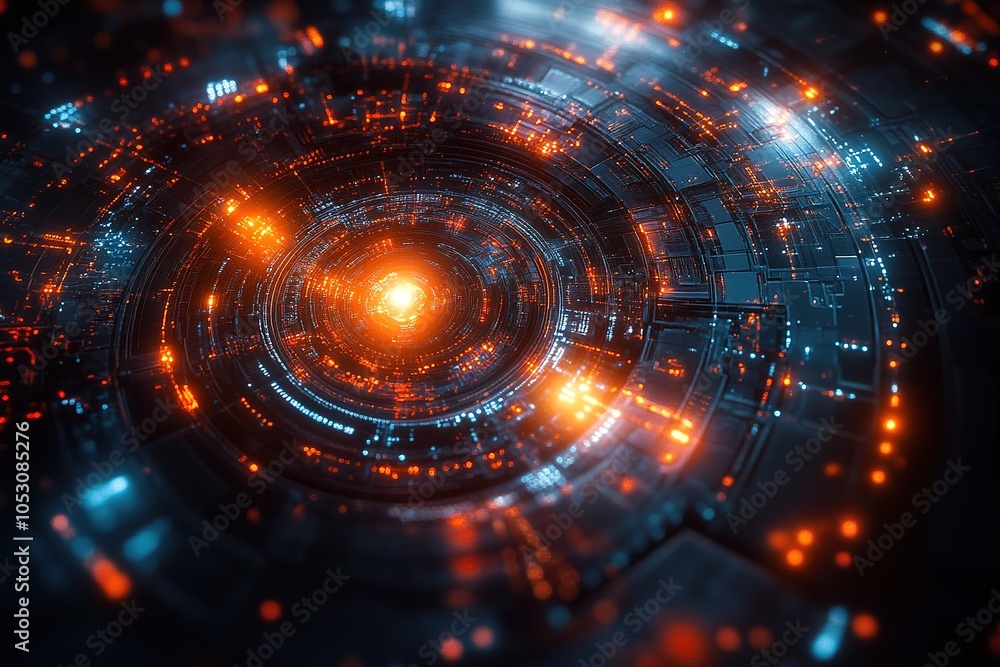 Obraz premium Abstract futuristic circular design with glowing orange and blue lights.