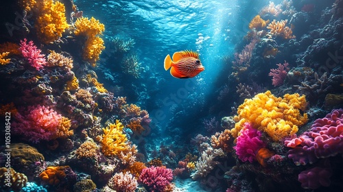 Vibrant coral reef with a pufferfish swimming slowly through the aquatic plants and corals as the tide moves the gentle currents and sunlight dapples the reef's colorful ecosystem