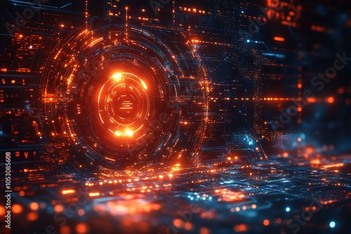 Abstract futuristic digital interface with glowing lines and a circular portal in the center.