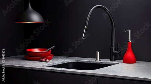 Sleek Modern Kitchen Design: A black kitchen faucet with a red soap dispenser and red bowls sits on a black countertop, a minimalist design for a modern kitchen. 