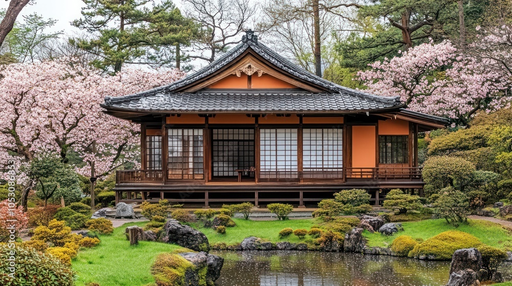 Japanese Traditional House Surrounded by Cherry Blossoms and a Pond Japanese Traditional House Surrounded by Cherry Blossoms and a Pond