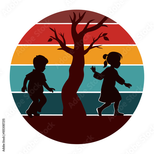 kids playing hide and seek behind a tree silhouette