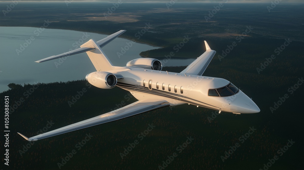 Jet Airplane in Flight Over Scenic Landscape Jet Airplane in Flight Over Scenic Landscape