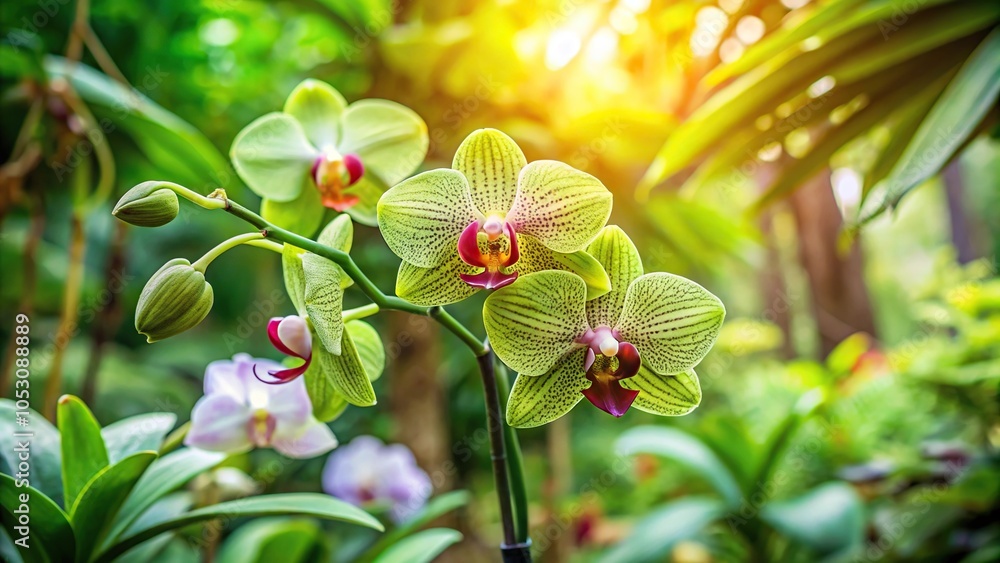 A close-up of a delicate green orchid blooming in a tropical garden, with exotic flowers and lush foliage surrounding it, greenery, outdoors, botanical, tropical A close-up of a delicate green orchid blooming in a tropical garden, with exotic flowers and lush foliage surrounding it, greenery, outdoors, botanical, tropical