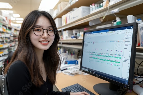 Free Download Smiling female researcher analyzing data on a computer in a laboratory setting, showcasing modern scientific work. - GFXLoad