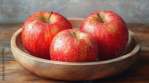 Three shiny red apples arranged in a wooden bowl on a rustic surface.