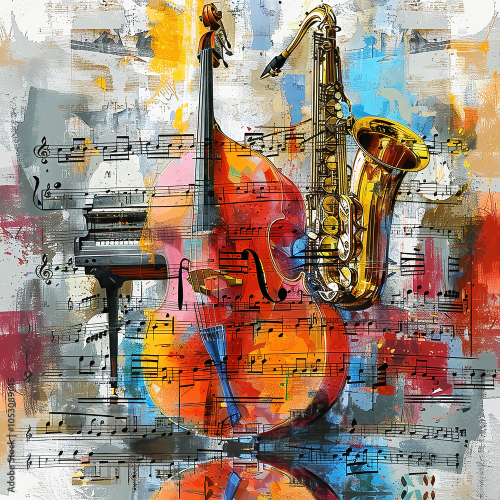 Obraz premium Abstract poster art for a jazz music performance with a saxophone, a base and a piano with music notes in shades of orange and black..