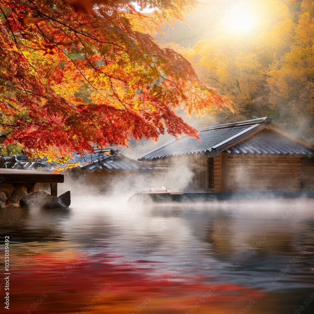 Fototapeta premium 紅葉と温泉のイメージ