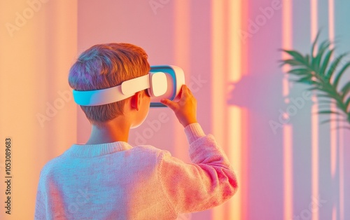 Immersive Halloween Decor Kid Exploring Virtual Reality in a Colorful Ambience photo