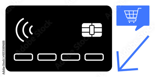Contactless credit card with signal icon and shopping cart icon in speech bubble. Ideal for online shopping, e-commerce, digital payments, financial transactions, mobile banking, retail purchases