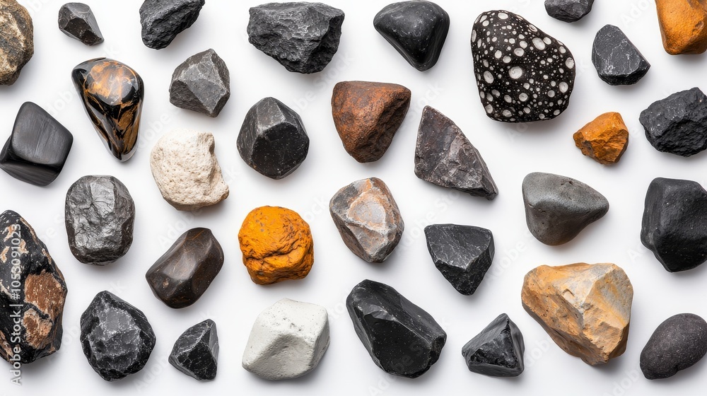 A dense cluster of asteroids of varying shapes and textures, suspended against a white background, highlighting their rough surfaces and cosmic origin A dense cluster of asteroids of varying shapes and textures, suspended against a white background, highlighting their rough surfaces and cosmic origin
