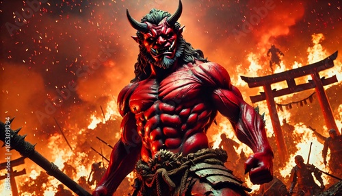 Fierce Oni Demon Overlord in Fiery Battlefield