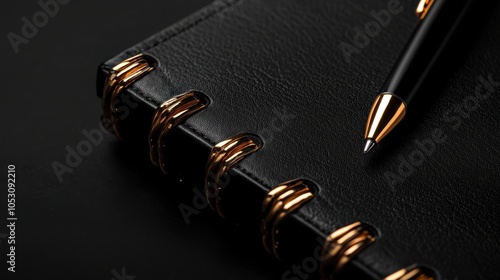 Elegant black notebook with a golden spiral binding and a pen on a dark background.