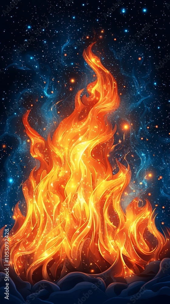 A vibrant fire against a cosmic background, blending warmth with a starry atmosphere. A vibrant fire against a cosmic background, blending warmth with a starry atmosphere.