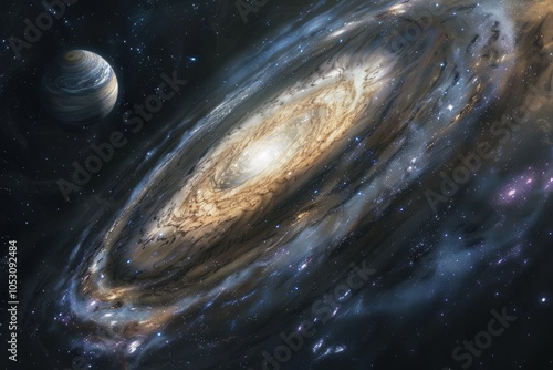 Majestic spiral galaxy with glowing center and a planet companion in deep space
