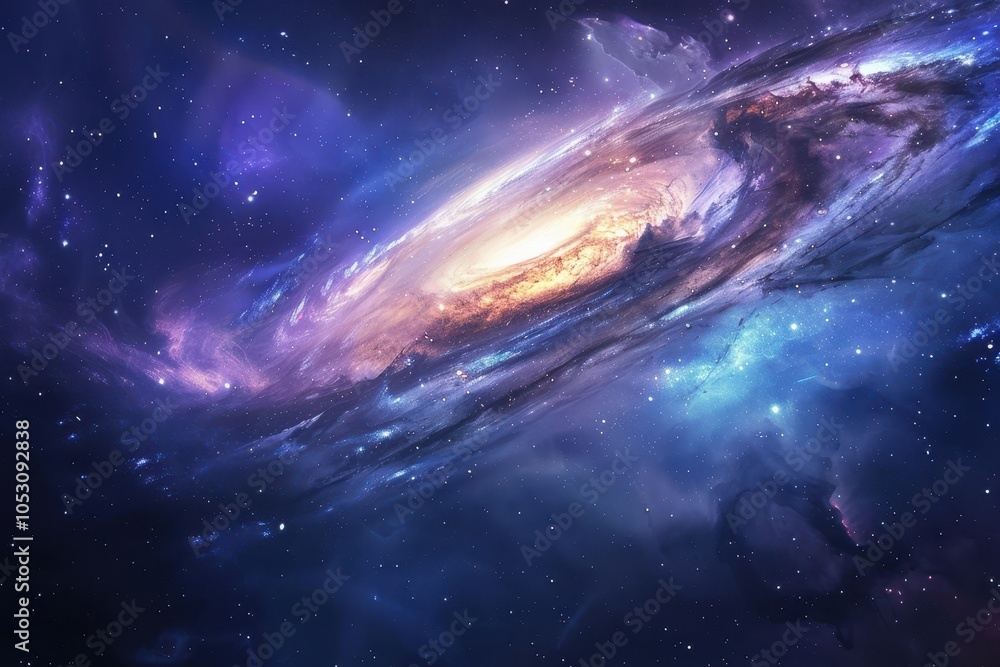 Colorful spiral galaxy in deep outer space with glowing stars and swirling dust clouds Colorful spiral galaxy in deep outer space with glowing stars and swirling dust clouds