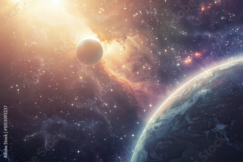 Planets and stars in the vastness of space create a beautiful and awe-inspiring scene.