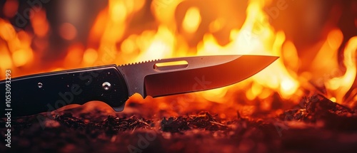 Knife resting near a campfire, showcasing its sleek design and sharp blade against a fiery background. photo