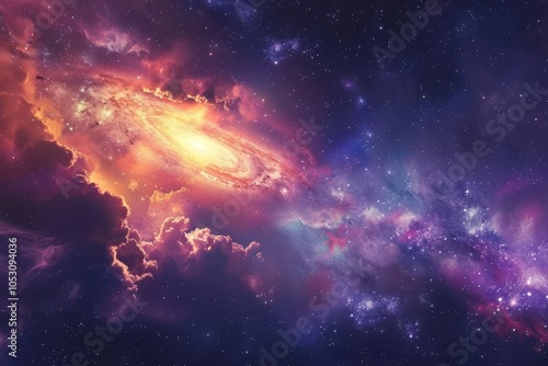 Colorful and vibrant spiral galaxy in deep space with stars and dust.