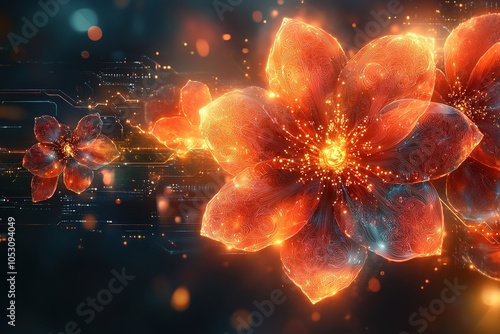 Abstract glowing red flower with digital circuits in the background.
