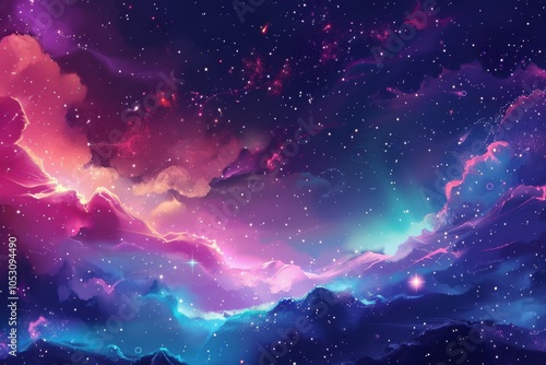 Colorful and vibrant digital painting of a starry night sky with pink, blue, and purple hues