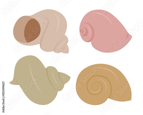 Cute sea snail vector set cute cartoon style. Seashell collection on white background.