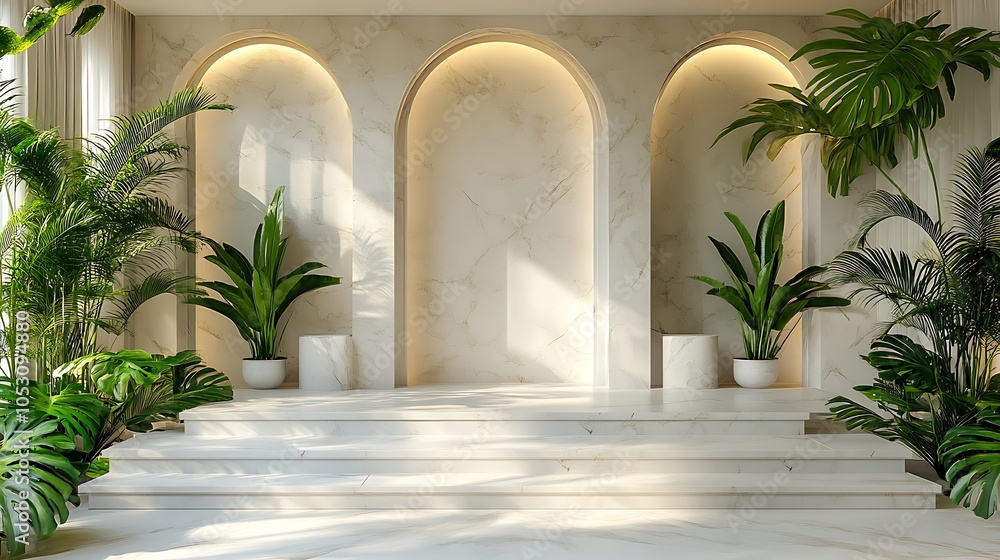 Fototapeta premium White marble stage platform with tropical greenery in luxury minimal setting