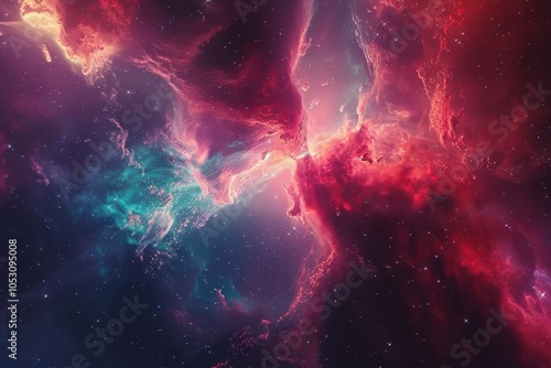 Dazzling hues of a vibrant nebula in the cosmos, showcasing a mesmerizing interplay of colors and cosmic forces.