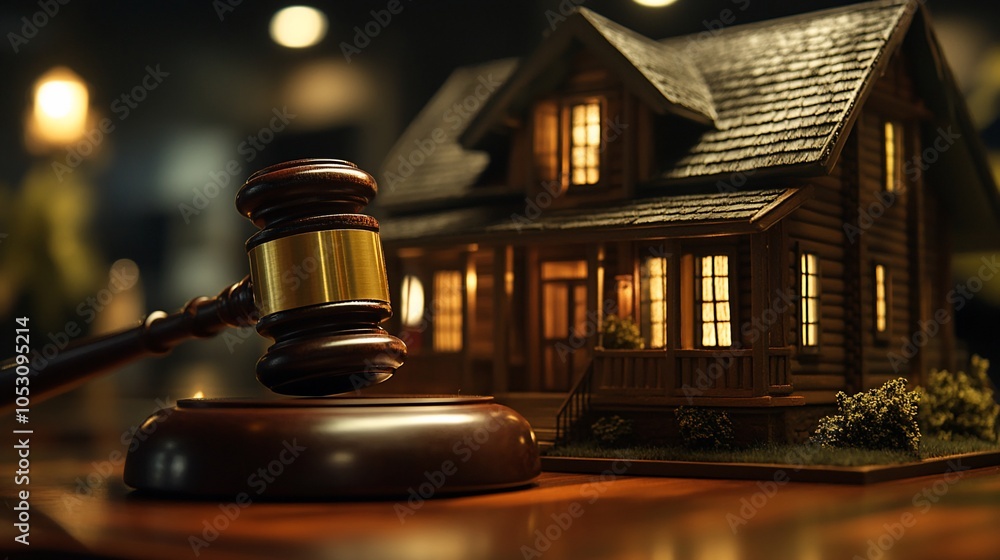 A wooden gavel rests on a table in front of a miniature wooden house with lit windows. A wooden gavel rests on a table in front of a miniature wooden house with lit windows.