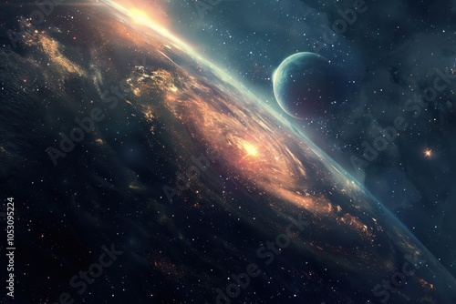 Glowing metropolis on a distant planet with a moon and stars in the background