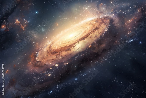 Majestic spiral galaxy in the deep cosmos, surrounded by stars and glowing gas clouds.