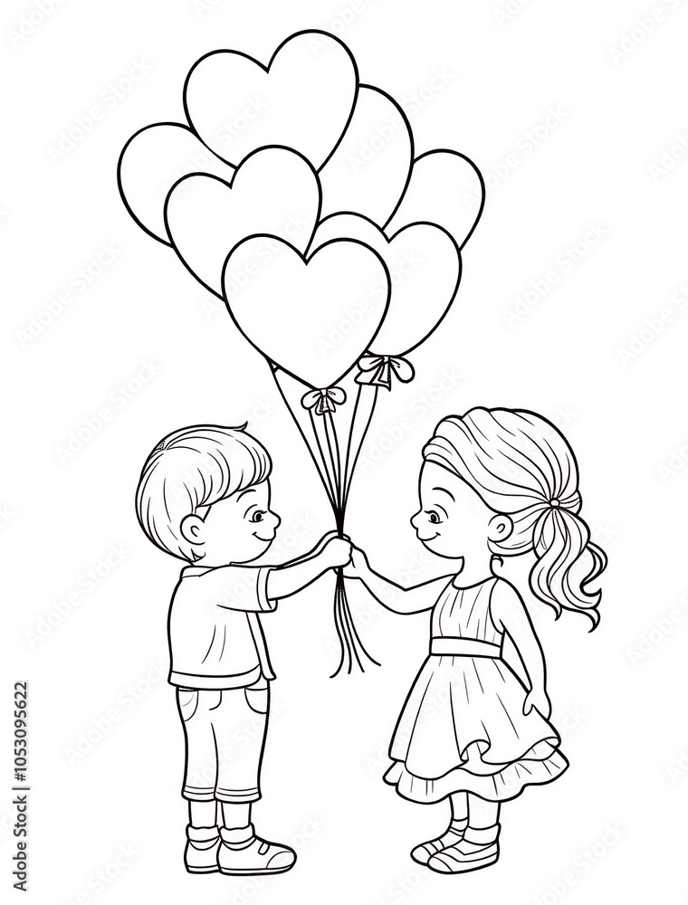 A cute cartoon boy and girl holding heart-shaped balloons, with one balloon for each of their hands. A cute cartoon boy and girl holding heart-shaped balloons, with one balloon for each of their hands.
