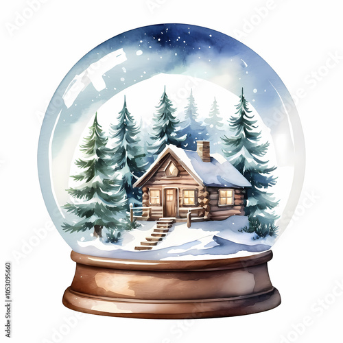 The cabin is made of wood and has a snow-covered roof. The globe is filled with pine trees and snow. 