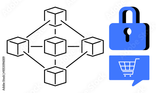 Blockchain network with interconnected blocks, security padlock, and shopping cart icon. Ideal for cybersecurity, cryptocurrency, e-commerce, technology, data protection, online transactions