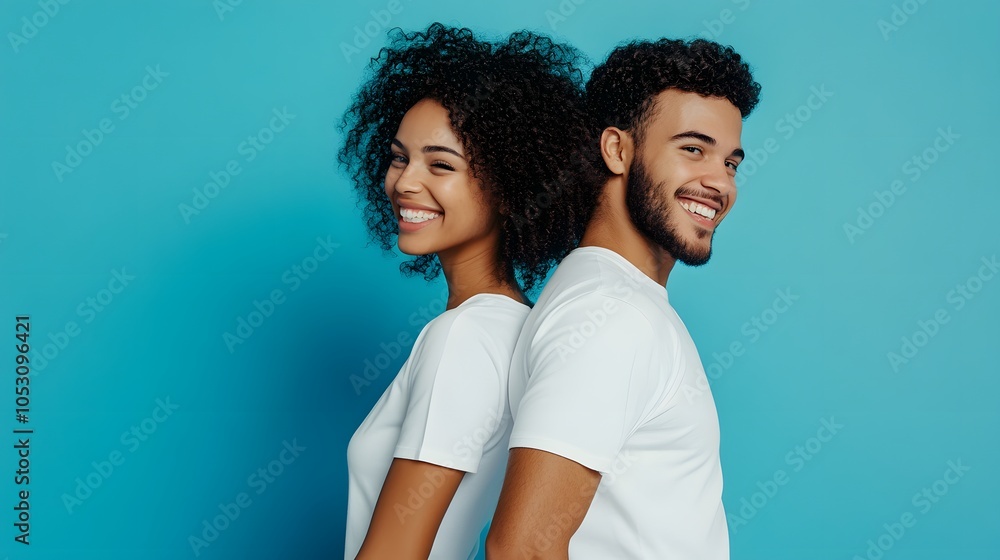 loving couple, man and woman, dressed in white T-shirts, back-to-back and smiling, against a blue background. loving couple, man and woman, dressed in white T-shirts, back-to-back and smiling, against a blue background.