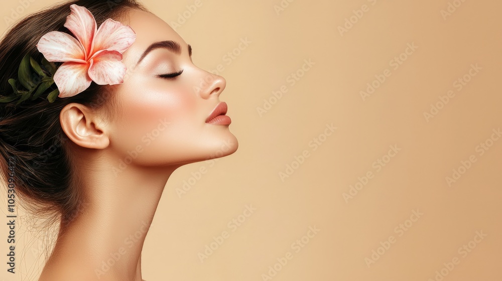 beautiful woman with orchid in her hair - side profile portrait beautiful woman with orchid in her hair - side profile portrait
