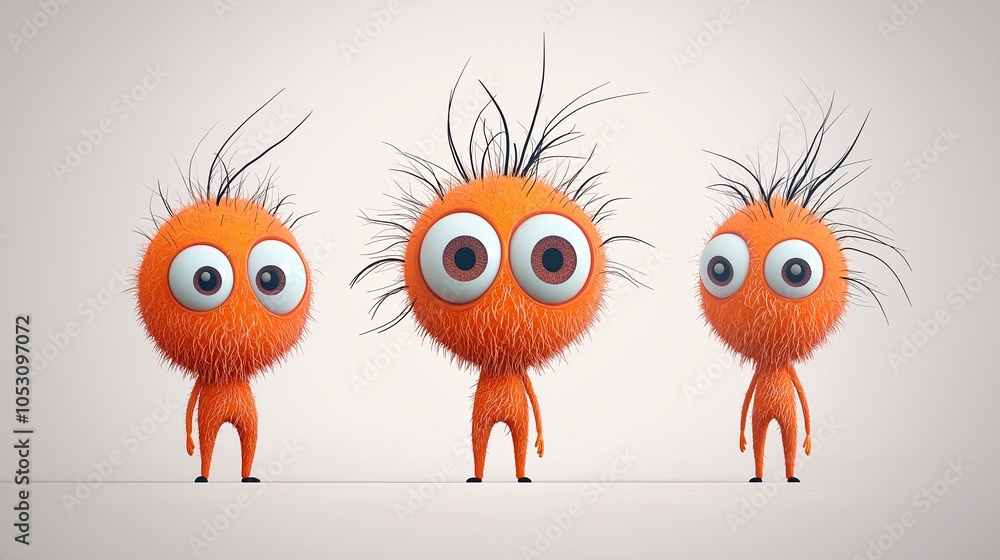 Obraz premium Fuzzy Friends: Three adorable, cartoon-like creatures with bright eyes and fluffy orange fur stand in a row, conveying a sense of playful companionship and childlike wonder.
