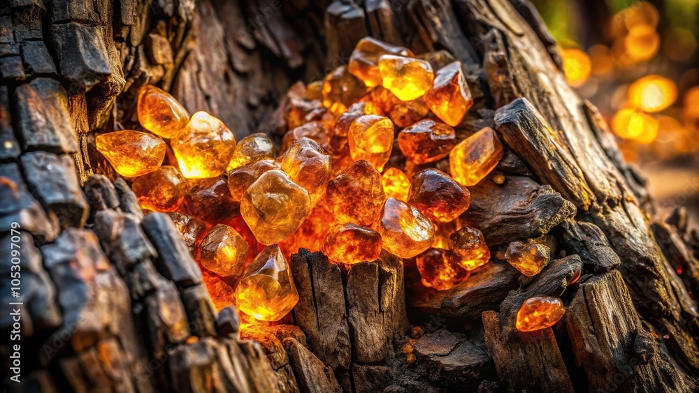 A cluster of glowing amber crystals embedded in the bark of an ancient tree trunk, glow in the dark, fungi growth, tree trunk, unique geological features, tree fungus A cluster of glowing amber crystals embedded in the bark of an ancient tree trunk, glow in the dark, fungi growth, tree trunk, unique geological features, tree fungus