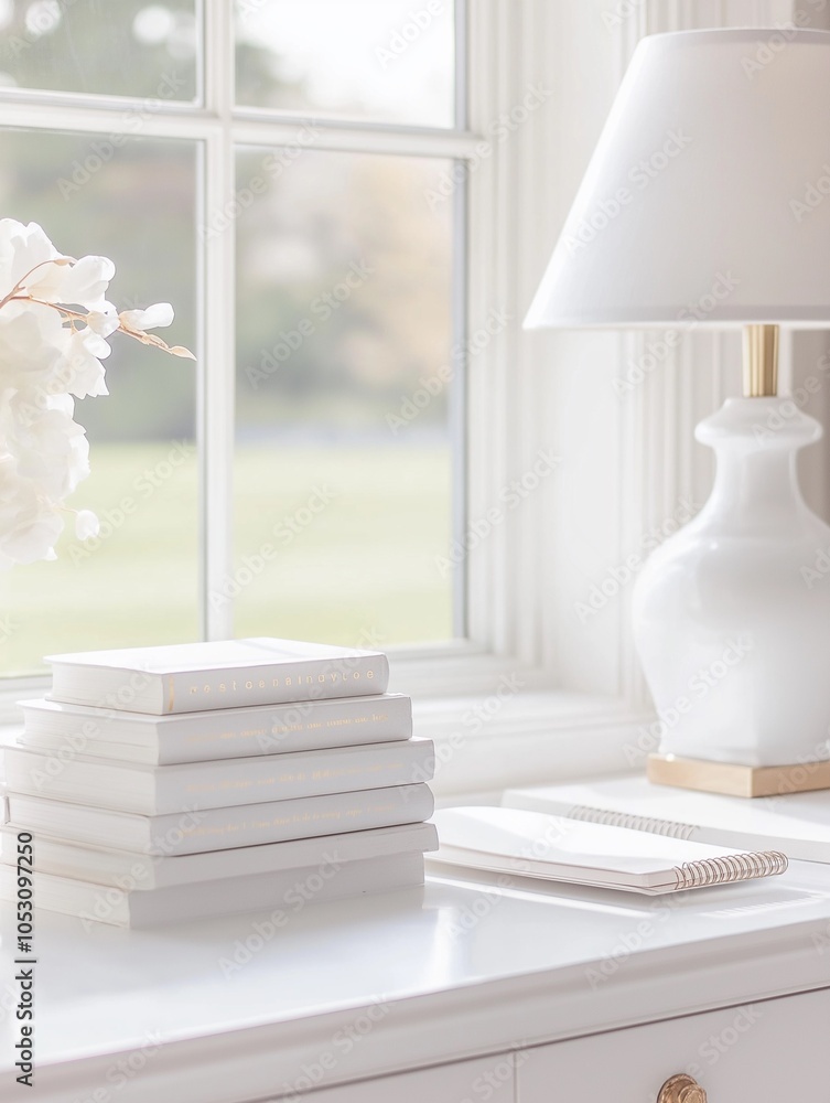 A quiet study nook with a white desk, a stack of white books, a white lamp, and a journal A quiet study nook with a white desk, a stack of white books, a white lamp, and a journal