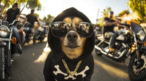 Hip-Hop Hounds: Dogs in Shades and Hoodies with a Motorcycle Crowd