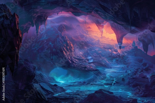 Mystical Cave Landscape with Glowing Water