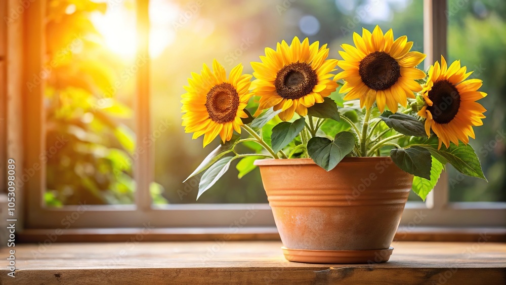 Obraz premium A cluster of small sunflowers in a terracotta pot on a sunny windowsill, with a hint of greenery and a few scattered leaves, flowers, houseplant