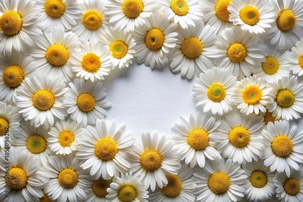 Obraz premium A cluster of tiny daisies arranged in a circular pattern with delicate petals and bright white centers, simple, cheerful, circle, daisy