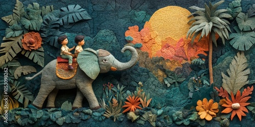 Felt Elephant Adventure, a vibrant scene of a boy and girl joyfully riding a textured felt elephant through a colorful felt jungle, playful ambiance