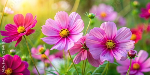 A cluster of vibrant pink and yellow cosmos flowers in a lush green garden, plant, cosmos, bloom, leaves, flower