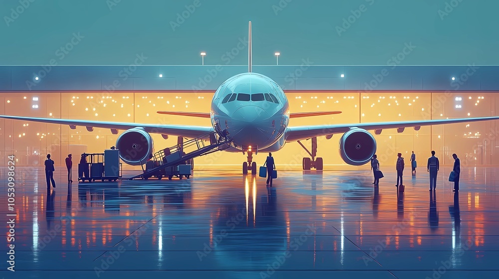 Fototapeta premium Flat illustration of passengers boarding a large commercial airplane via a jet bridge, with luggage and airport staff assisting, capturing the excitement of travel and the efficiency of civil aviation