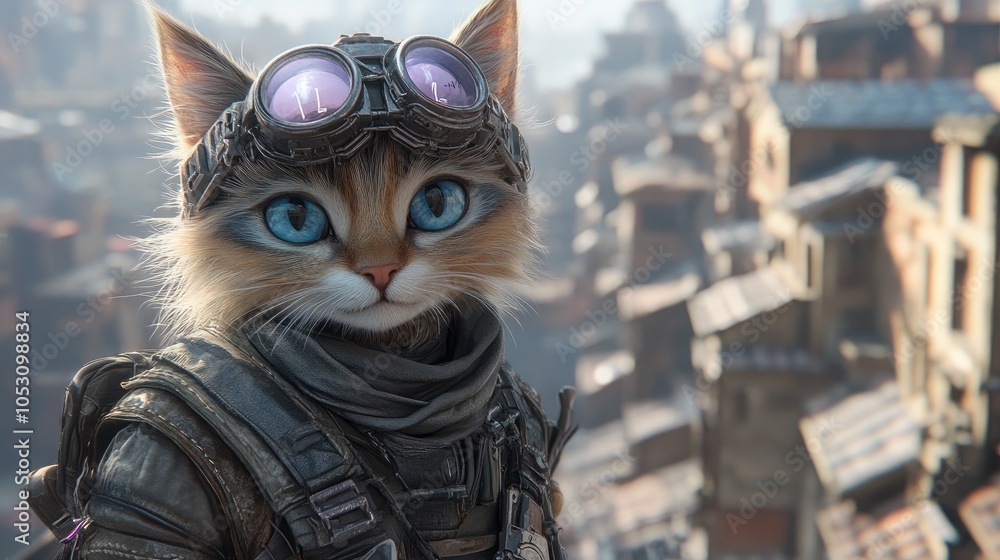 A cute cat with goggles and a backpack looking directly at the camera. A cute cat with goggles and a backpack looking directly at the camera.