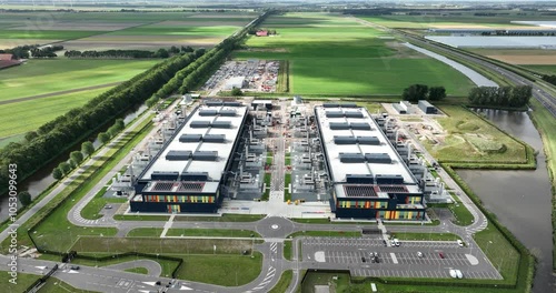 Aerial footage of the new constructed data center AMS 13 and AMS 14 in Middenmeer, The Netherlands photo